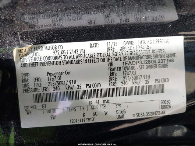 Aukcja sprzedaży 2016 Ford Focus Titanium, vin: 1FADP3J28GL237168, numer aukcji: 45014988