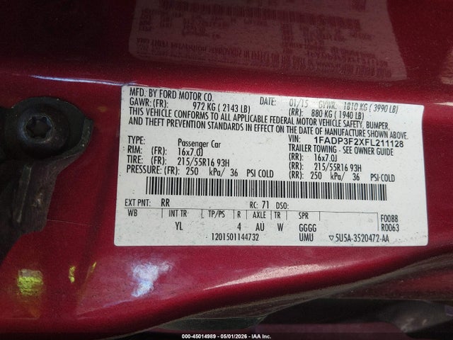 2015 Ford Focus Se მანქანა იყიდება აუქციონზე, vin: 1FADP3F2XFL211128, აუქციონის ნომერი: 45014989