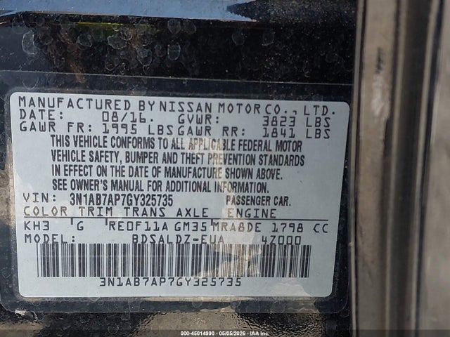Aukcja sprzedaży 2016 Nissan Sentra, vin: 3N1AV7AP7GY325735, numer aukcji: 45014990