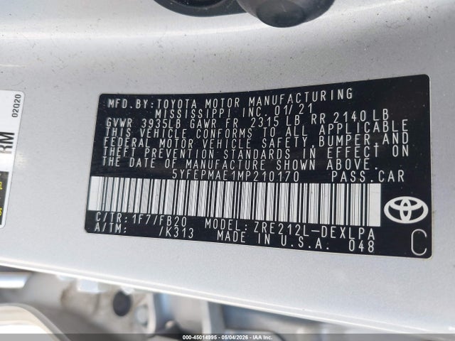 2021 Toyota Corolla Le მანქანა იყიდება აუქციონზე, vin: 5YFEPMAE1MP210170, აუქციონის ნომერი: 45014995