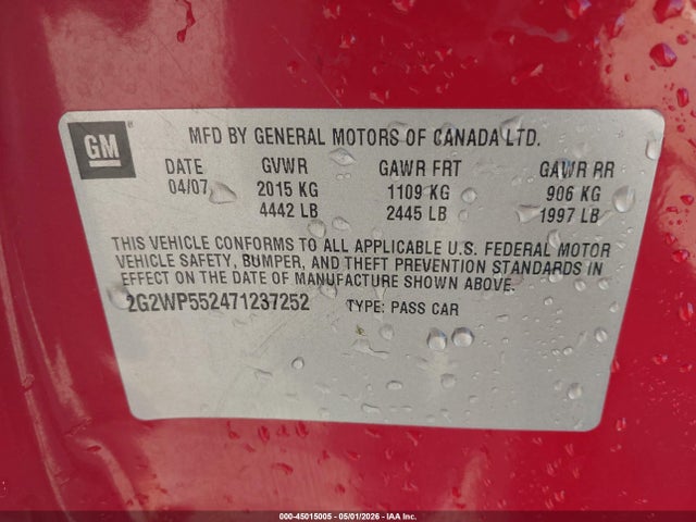 45015005 :رقم المزاد ، 2G2WP552471237252 vin ، 2007 Pontiac Grand Prix مزاد بيع