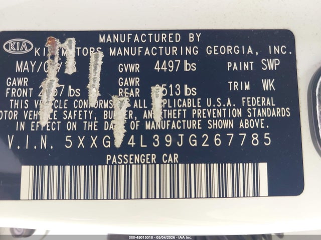 5XXGT4L39JG267785 KIA Optima Lx
