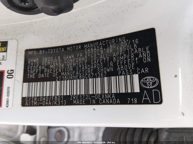 45015033 :رقم المزاد ، 2T1BURHE8GC671367 vin ، 2016 Toyota Corolla Le مزاد بيع