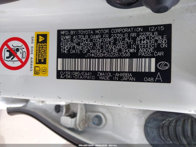 Aukcja sprzedaży 2016 Lexus Ct 200h, vin: JTHKD5BH5G2267368, numer aukcji: 45015040