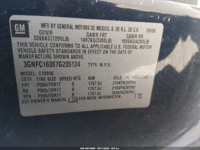 45015060 :رقم المزاد ، 3GNFC16067G205124 vin ، 2007 Chevrolet Suburban 1500 Ls مزاد بيع