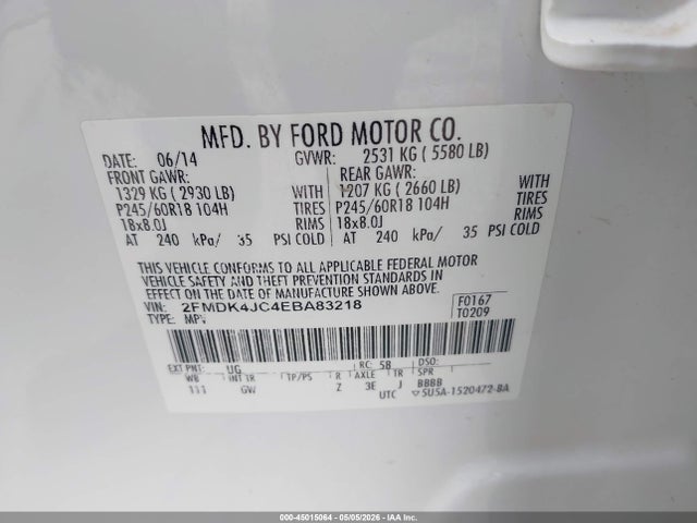 45015064 :رقم المزاد ، 2FMDK4JC4EBA83218 vin ، 2014 Ford Edge Sel مزاد بيع