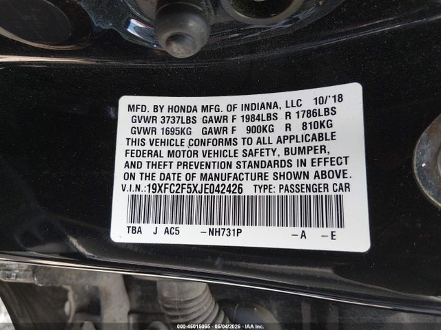 2018 Honda Civic Lx მანქანა იყიდება აუქციონზე, vin: 19XFC2F5XJE042426, აუქციონის ნომერი: 45015065
