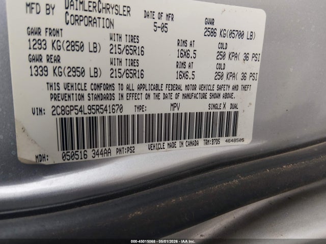 2005 Chrysler Town & Country Touring მანქანა იყიდება აუქციონზე, vin: 2C8GP54L95R541670, აუქციონის ნომერი: 45015068