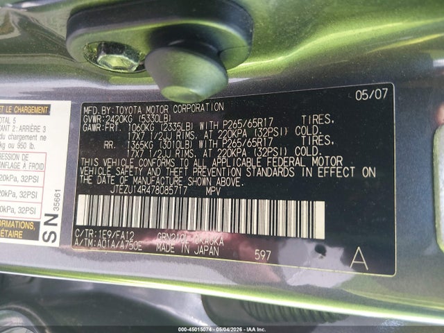 Aukcja sprzedaży 2007 Toyota 4runner Sr5 V6, vin: JTEZU14R478085717, numer aukcji: 45015074