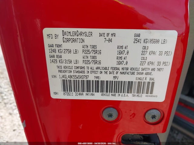 Продаж на аукціоні авто 2005 Jeep Liberty Sport, vin: 1J4GL48K55W503797, номер лоту: 45015080