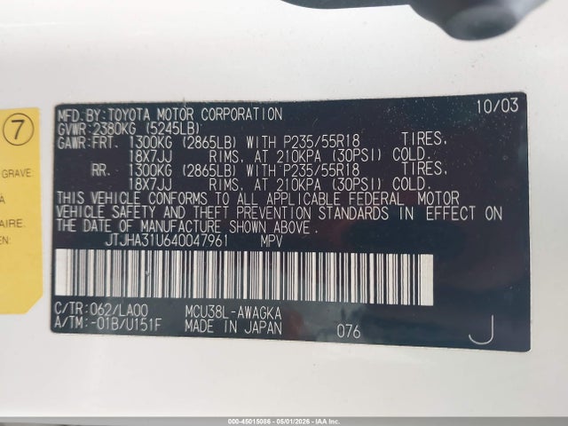45015086 :رقم المزاد ، JTJHA31U640047961 vin ، 2004 Lexus Rx 330 مزاد بيع