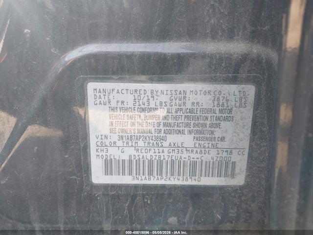 Продажа на аукционе авто 2019 Nissan Sentra Sv, vin: 3N1AB7AP2KY438940, номер лота: 45015096