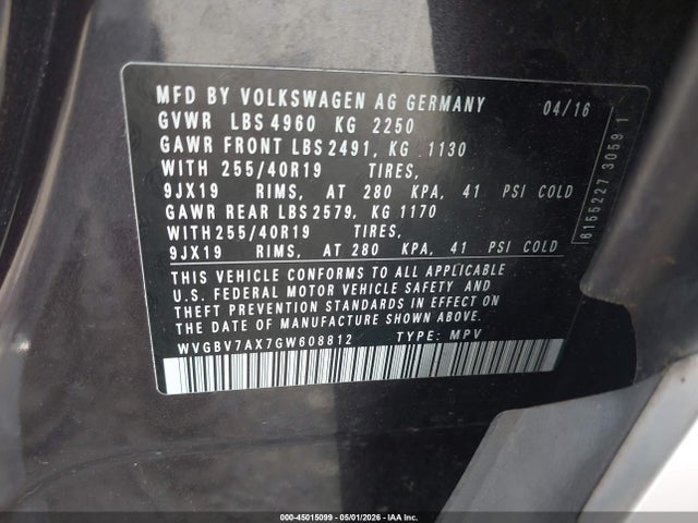 45015099 :رقم المزاد ، WVGBV7AX7GW608812 vin ، 2016 Volkswagen Tiguan Sel مزاد بيع