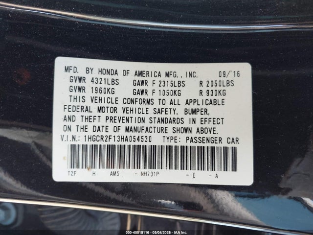 2017 Honda Accord Sport Se მანქანა იყიდება აუქციონზე, vin: 1HGCR2F13HA054530, აუქციონის ნომერი: 45015116