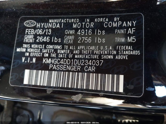 Продаж на аукціоні авто 2013 Hyundai Genesis 3.8, vin: KMHGC4DD1DU234037, номер лоту: 45015118
