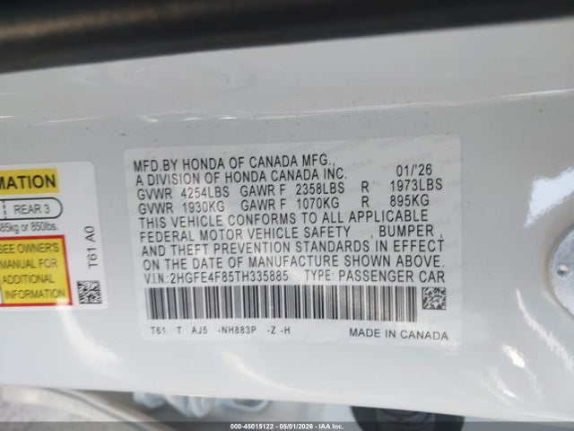 2HGFE4F85TH335885 Honda Civic Hybrid Sport/sport Touring
