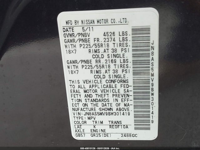 Продажа на аукционе авто 2011 Nissan Rogue Sv, vin: JN8AS5MV9BW301419, номер лота: 45015126