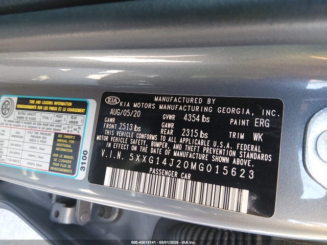 Aukcja sprzedaży 2021 Kia K5 Lxs, vin: 5XXG14J20MG015623, numer aukcji: 45015141