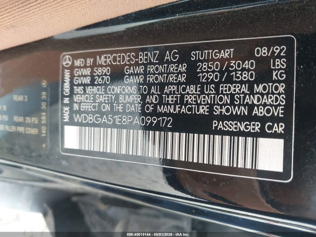 1993 Mercedes-benz 500 Sel მანქანა იყიდება აუქციონზე, vin: WDBGA51E8PA099172, აუქციონის ნომერი: 45015144