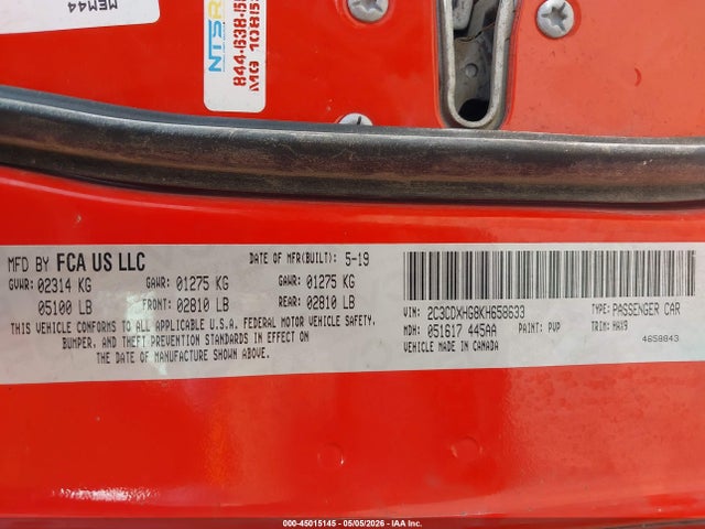 Продаж на аукціоні авто 2019 Dodge Charger Gt Rwd, vin: 2C3CDXHG8KH658633, номер лоту: 45015145