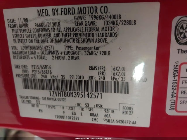 Продажа на аукционе авто 2009 Ford Mustang V6/v6 Premium, vin: 1ZVHT80N395142571, номер лота: 45015148