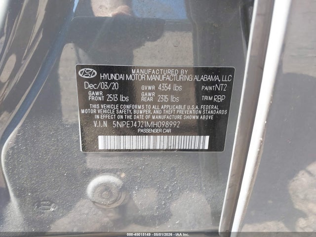 45015149 :رقم المزاد ، 5NPEJ4J21MH098992 vin ، 2021 Hyundai Sonata Sel Plus مزاد بيع