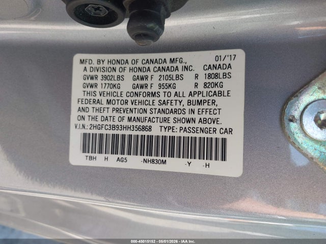 Продаж на аукціоні авто 2017 Honda Civic Touring, vin: 2HGFC3B93HH356868, номер лоту: 45015152