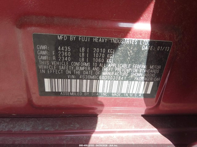 Продаж на аукціоні авто 2013 Subaru Legacy 2.5i Premium, vin: 4S3BMBC60D3030841, номер лоту: 45015153