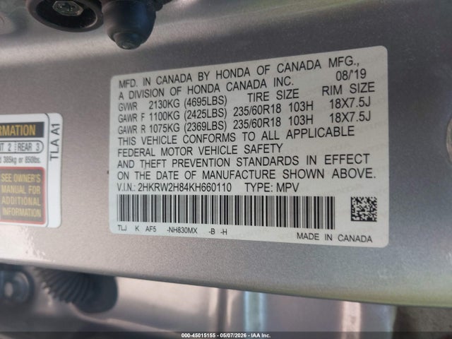 2019 Honda Cr-v Ex-l მანქანა იყიდება აუქციონზე, vin: 2HKRW2H84KH660110, აუქციონის ნომერი: 45015155
