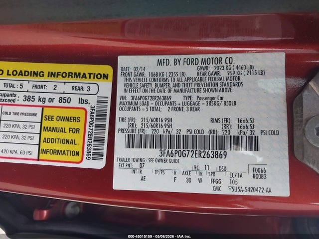 Продажа на аукционе авто 2014 Ford Fusion S, vin: 3FA6P0G72ER263869, номер лота: 45015159