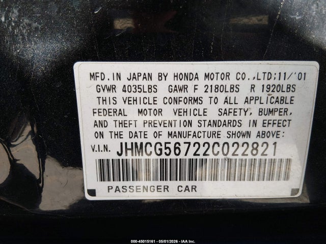 Продаж на аукціоні авто 2002 Honda Accord 2.3 Se, vin: JHMCG56722C022821, номер лоту: 45015161