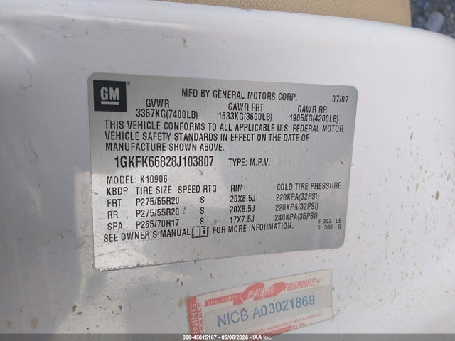 Aukcja sprzedaży 2008 Gmc Yukon Xl 1500 Denali, vin: 1GKFK66828J103807, numer aukcji: 45015167
