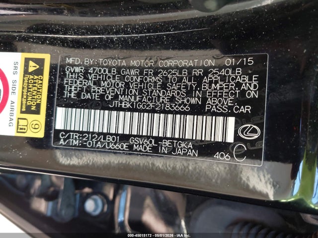 Продаж на аукціоні авто 2015 Lexus Es 350, vin: JTHBK1GG2F2183666, номер лоту: 45015172