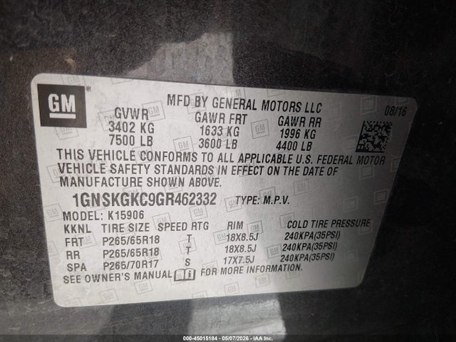 Chevrolet Suburban Ls 2016 1GNSKGKC9GR462332 Image 9