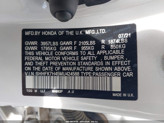 Продаж на аукціоні авто 2021 Honda Civic Sport, vin: SHHFK7H45MU424588, номер лоту: 45015188