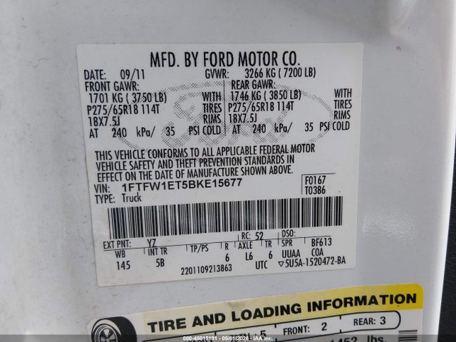 Aukcja sprzedaży 2011 Ford F-150 Fx4, vin: 1FTFW1ET5BKE15677, numer aukcji: 45015191
