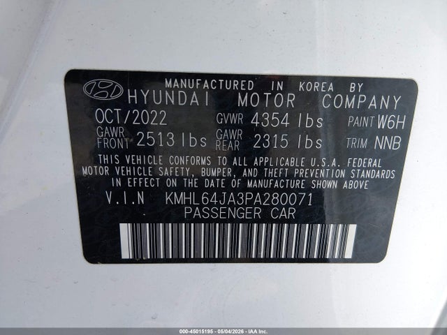 Продажа на аукционе авто 2023 Hyundai Sonata Sel, vin: KMHL64JA3PA280071, номер лота: 45015195