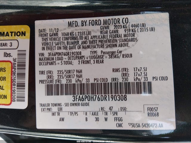Auction sale of the 2013 Ford Fusion Se, vin: 3FA6P0H76DR190308, lot number: 45015198