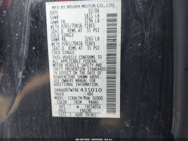 Продаж на аукціоні авто 2006 Nissan Frontier Se, vin: 1N6AD07W76C435010, номер лоту: 45015200