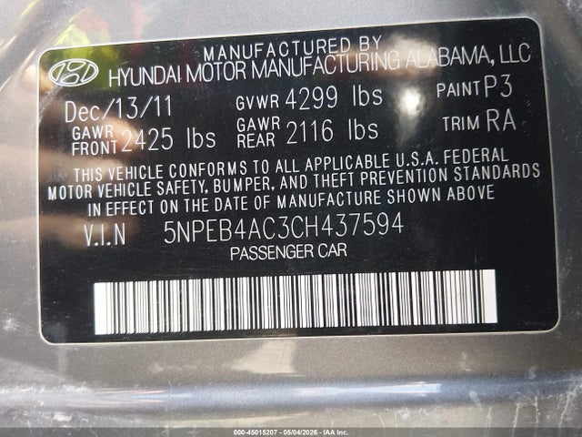 2012 Hyundai Sonata Gls მანქანა იყიდება აუქციონზე, vin: 5NPEB4AC3CH437594, აუქციონის ნომერი: 45015207