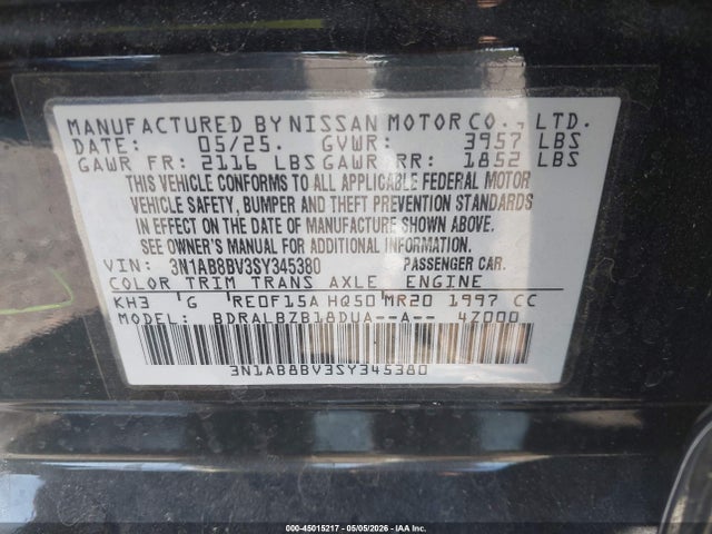 Aukcja sprzedaży 2025 Nissan Sentra S, vin: 3N1AB8BV3SY345380, numer aukcji: 45015217