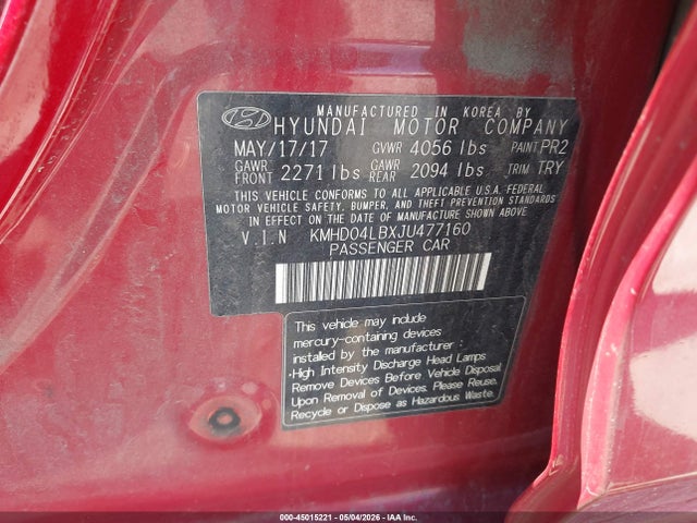 Aukcja sprzedaży 2018 Hyundai Elantra Sport, vin: KMHD04LBXJU477160, numer aukcji: 45015221