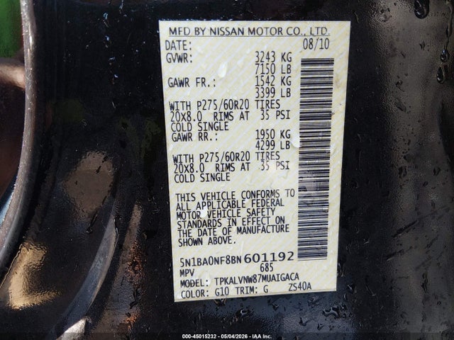Aukcja sprzedaży 2011 Nissan Armada Platinum, vin: 5N1BA0NF8BN601192, numer aukcji: 45015232