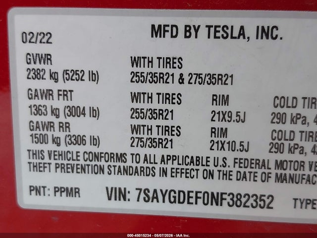 45015234 :رقم المزاد ، 7SAYGDEF0NF382352 vin ، 2022 Tesla Model Y Performance Dual Motor All-wheel Drive مزاد بيع