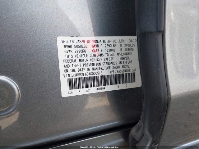 2010 Acura Rl 3.7 მანქანა იყიდება აუქციონზე, vin: JH4KB2F63AC000518, აუქციონის ნომერი: 45015238