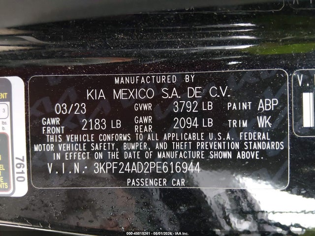 2023 Kia Forte Lxs მანქანა იყიდება აუქციონზე, vin: 3KPF24AD2PE616944, აუქციონის ნომერი: 45015241
