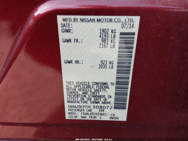 45015242 :رقم المزاد ، 1N4AZ0CP7FC308072 vin ، 2015 Nissan Leaf S مزاد بيع