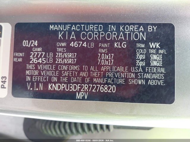 2024 Kia Sportage Lx მანქანა იყიდება აუქციონზე, vin: KNDPU3DF2R7276820, აუქციონის ნომერი: 45015258