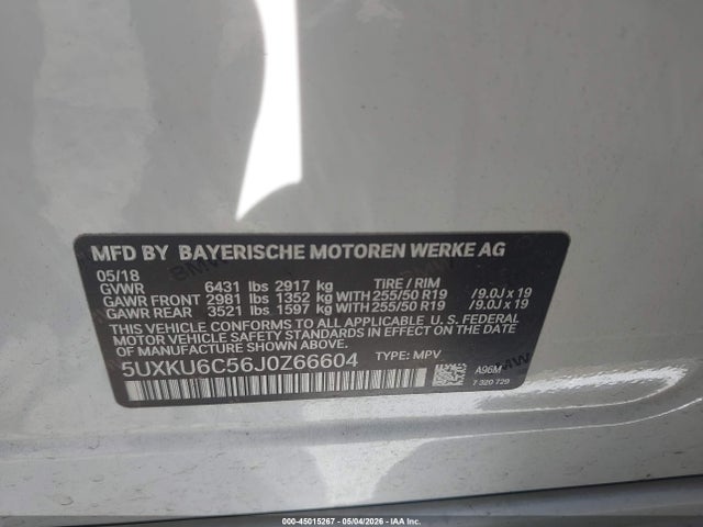 45015267 :رقم المزاد ، 5UXKU6C56J0Z66604 vin ، 2018 Bmw X6 Xdrive50i مزاد بيع