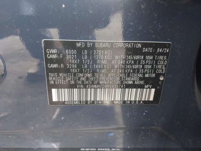 2024 Subaru Ascent Premium 8-passenger მანქანა იყიდება აუქციონზე, vin: 4S4WMACD9R3435741, აუქციონის ნომერი: 45015284